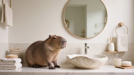 Capybara relaxing on a stylish marble bathroom counter next to a modern sink and neatly arranged towels, creating a serene and humorous atmosphere