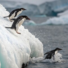 Fototapeta premium Adelie Penguin, pygoscelis adeliae, Group Leaping into Ocean, Paulet Island in Antarctica