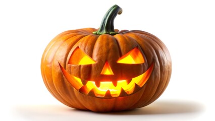Photo of a carved halloween pumpkin with a scary face glows brightly, isolated on white background