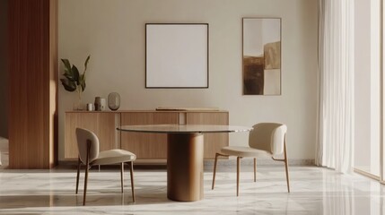 Contemporary dining room with round table and upholstered chairs.