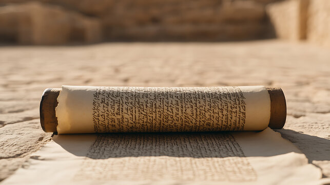 Ancient scroll with faded script lies on a weathered stone surface. The light emphasizes the texture and age of the artifact. A glimpse into history.