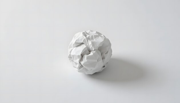 Single crumpled white paper ball on smooth white background