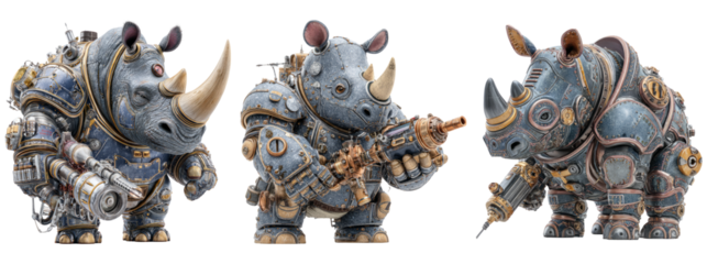 Steampunk Rhinoceros Robots with Mechanical Features on Transparent Background