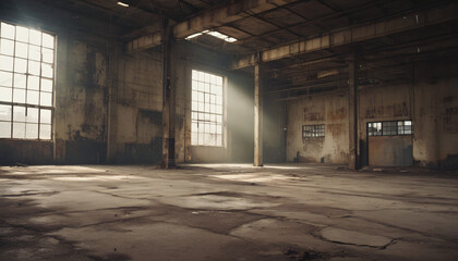Empty industrial warehouse with high windows, exposed brick, and puddled floor