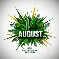 A vibrant graphic design celebrates pakistans independence day on august 14th with lush green leaves, golden bursts, and stars