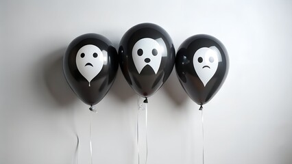 Photo of three black balloons with sad ghost faces are displayed against a white wall, creating a spooky halloween atmosphere
