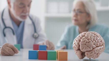 Doctor assessing patient cognition using blocks, alongside a brain model. Healthcare professionals supporting cognitive health, promoting brain wellness and understanding.