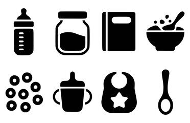 Baby feeding items including bottle jar bowl bib spoon and cereal vector
