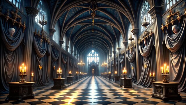 Photo of a grand gothic hallway in a haunted castle, dimly lit by candles and adorned with ornate drapes and statues