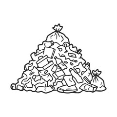 Pile of garbage bags and debris in black and white line art