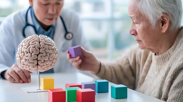 Brain Health Assessment: Doctor assisting senior patient with cognitive tests using colorful blocks, checking for memory loss, cognitive function and potential health concerns.