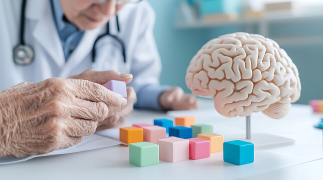 Cognitive health and brain research: Senior doctor with brain model and building blocks, demonstrating neurological functions. Memory and aging research.
