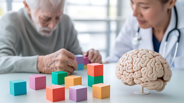 Senior man engages in cognitive therapy with a healthcare professional, using colorful blocks to stimulate brain function and memory retention in a clinical setting.