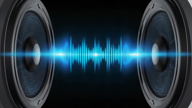 Two speakers flank a blue waveform on a black background Could be used to illustrate sound or audio