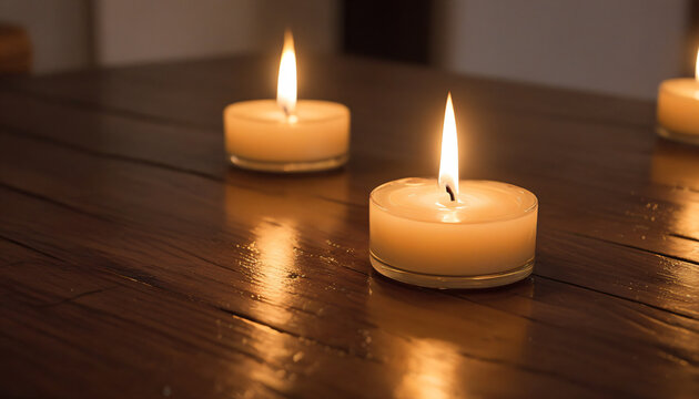 Tealight candles on dark wood surface casting warm ambient glow