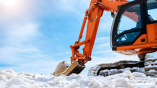 Orange excavator on a snowy terrain against a blue sky. Tracks show it's working, suggesting construction or snow removal in cold conditions.