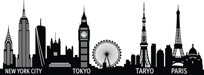 Obraz premium Stylized cityscape silhouette with iconic buildings and urban elements isolated on white background