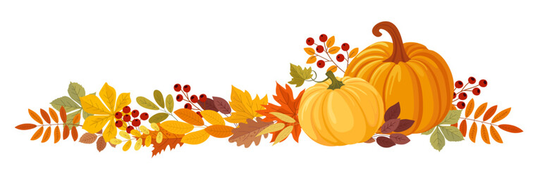 Colorful autumn pumpkins, berries and forest leaves clipart. Seasonal harvest design for greeting or poster.