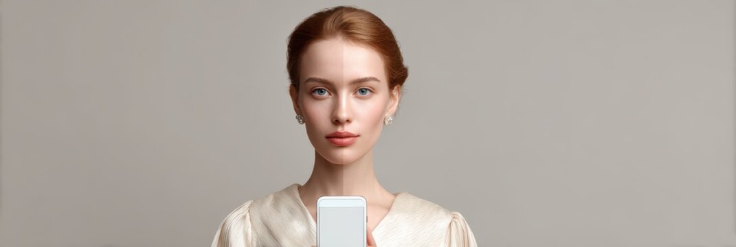 Woman using virtual makeup application on smartphone for digital cosmetics