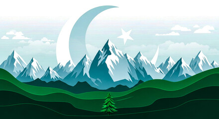 A stylized landscape featuring majestic snowcapped mountains and rolling green hills under a sky with a prominent crescent moon and star, with a lone pine tree in the foreground
