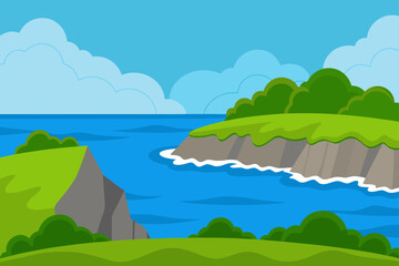 Fototapeta premium Cartoon Bay Area With Grassy Ridge And Calm Ocean Water