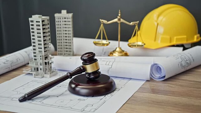 Gavel, blueprints, building models, scales of justice, and hard hat suggest legal scrutiny of construction projects