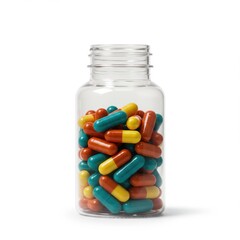 Colorful capsules in clear bottle representing dietary supplements. Medicine and health    