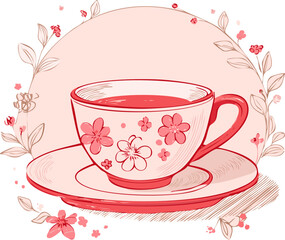 Vintage style teacup illustration with floral pattern, red line art on a soft pink background. Minimal and cozy design, perfect for tea-themed prints, stickers, or decor