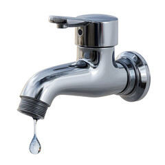 Chrome water faucet with a dripping water drop isolated on white background
