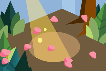 Naklejka premium Flat Forest Corner With Scattered Petals And Light Rays