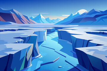 Flat Glacier Scene With Cracks Snow Plains And Blue Hues