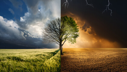 a contrast between sunny and stormy weather highlighting a tree that signifies life showing how the weather affect environment