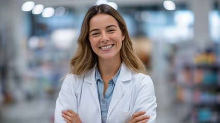 Smiling female pharmacist in bright pharmacy aisle