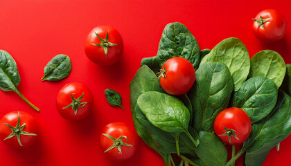 fresh spinach leaves and ripe tomatoes are arranged artistically on a vibrant red background