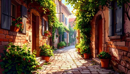Obraz premium Charming narrow cobblestone alleyway with rustic brick walls, green plants, vintage architecture, and peaceful atmosphere in a quiet historic old town street.