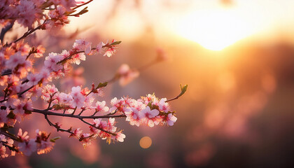 pink blossom blooming with warm sunrise bokeh in serene nature timelapse