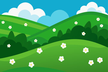 Vector Green Pasture With Small White Flowers And Hills