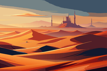 Vector Hilly Desert With Orange Red Tones And Wind Lines