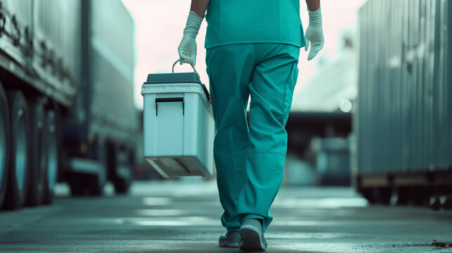 Medical Professional Carries Organ Transplant Cooler to Delivery Truck for Transportation