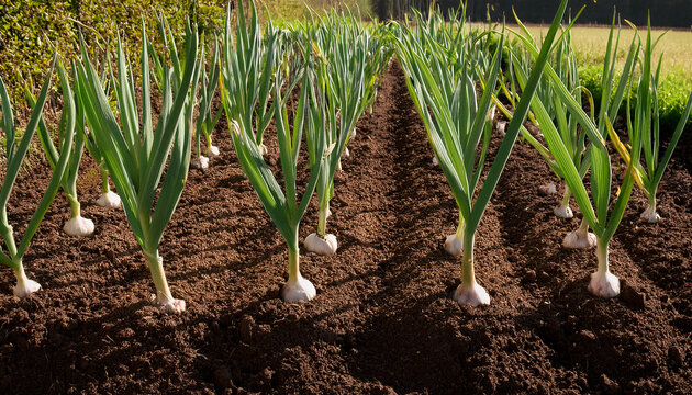 a row of soil grown garlic plants