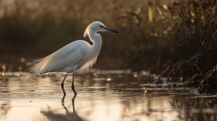 A snowy egret wading gracefully through a reflective marsh at golden hour