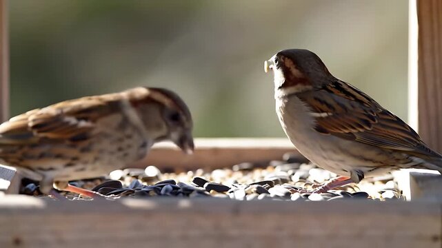 A couple of sparrow birds eat food in a bird feeder in 4k slow motion at 60 fps