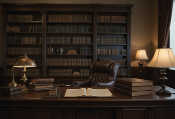 Elegant wooden desk and leather chairs in warm, classic library setting