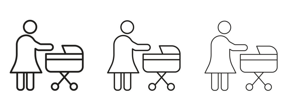 Woman with Baby Stroller icon. black strokes lines vector pack for graphic work