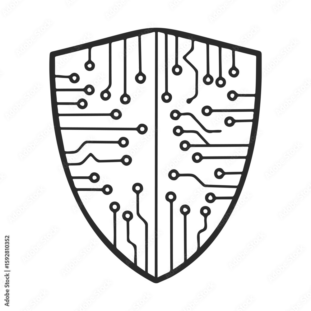 Poster digital circuit shield icon representing cybersecurity and technology integration