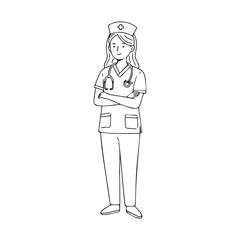 Fototapeta premium Caucasian female young nurse cartoon with stethoscope crossed arms medical uniform