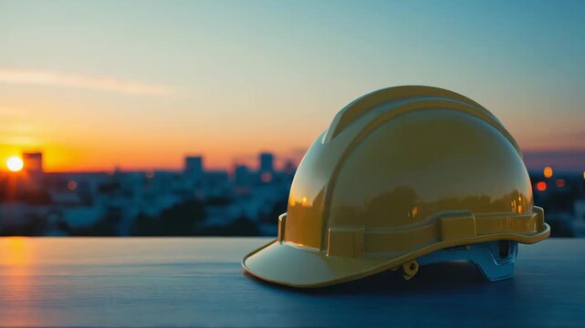 A yellow hard hat sits on a rooftop with a city skyline at sunset, Time lapse