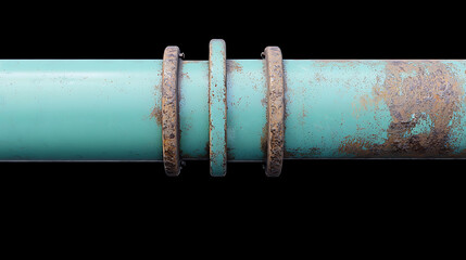 A corroded, teal-colored pipe with three coupling joints stands out against a solid black background. The pipes display considerable wear and tear.