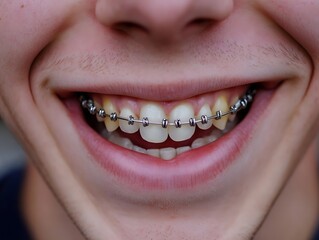 Obraz premium Closeup Young Man Smiling Teeth Metal Braces Orthodontics