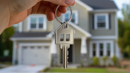 Hand holding a new house key in front of a beautiful family home symbolizing ownership and the American dream of homeownership